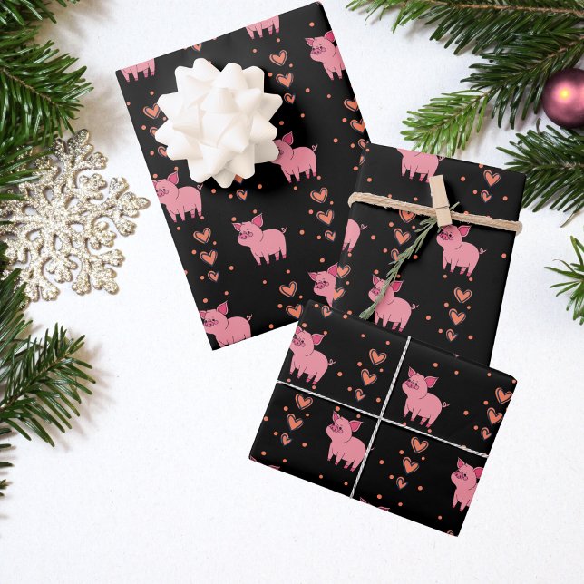 Cute Pink Pig & Hearts Wrapping Paper Sheet (Creator Uploaded)