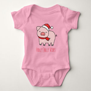 Cute Pink Pig Holly Jolly Vibes Minimalist Baby Bodysuit