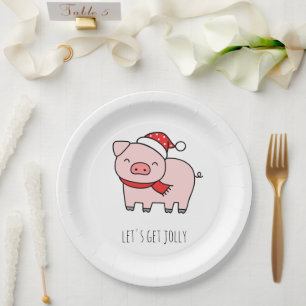 Cute Pink Pig Lets Get Jolly Minimalist Christmas Paper Plate