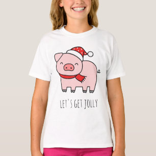 Cute Pink Pig Lets Get Jolly Minimalist Christmas T-Shirt