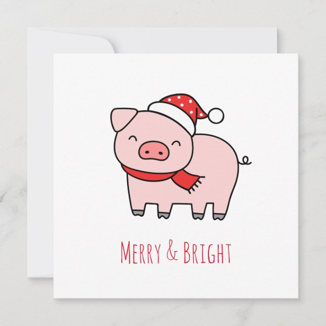 Cute Pink Pig Merry and Bright Minimalist Holiday  Card (Front)