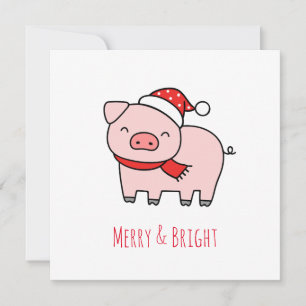 Cute Pink Pig Merry and Bright Minimalist Holiday  Card
