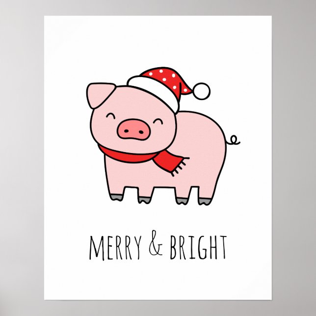 Cute Pink Pig Merry & Bright Minimalist Christmast Poster (Front)
