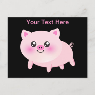Cute Pink Pig on Black Postcard