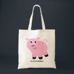 Cute Pink Pig Personalised Adorable Piggy Tote Bag<br><div class="desc">Cute Pink Pig Personalised Adorable Piggy Tote Bag. Sweet pink pig with curly tail and pig nose in pink, black and white with name in black font. Pig tote bag available in many styles and sizes perfect for Halloween trick or treating, Easter Egg hunts or just for fun. Personalise with...</div>