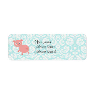 Cute Pink Pig; Teal Damask