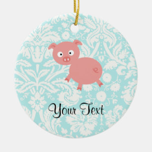 Cute Pink Pig; Teal Damask Ceramic Tree Decoration