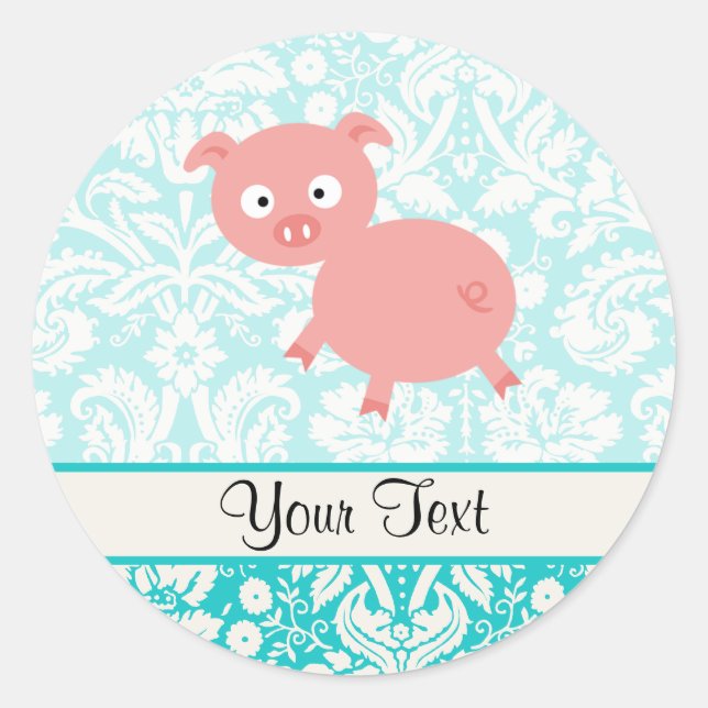 Cute Pink Pig; Teal Damask Classic Round Sticker (Front)