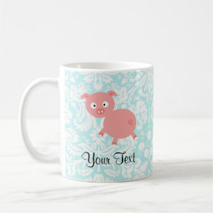 Cute Pink Pig; Teal Damask Coffee Mug