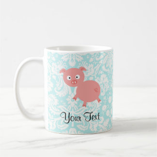 Cute Pink Pig; Teal Damask Coffee Mug