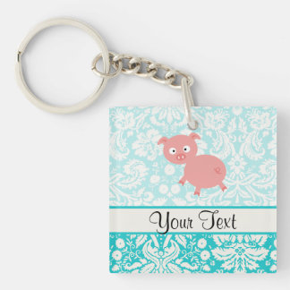 Cute Pink Pig; Teal Damask Key Ring