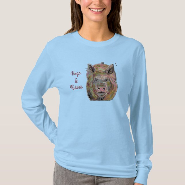 Cute Pink Piggy Hogs and Kisses Pastel Drawing T-Shirt (Front)
