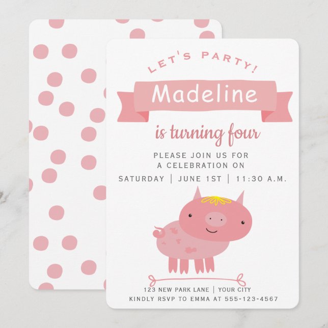 Cute Pink Piglet | Kids Birthday Party Invitation (Front/Back)