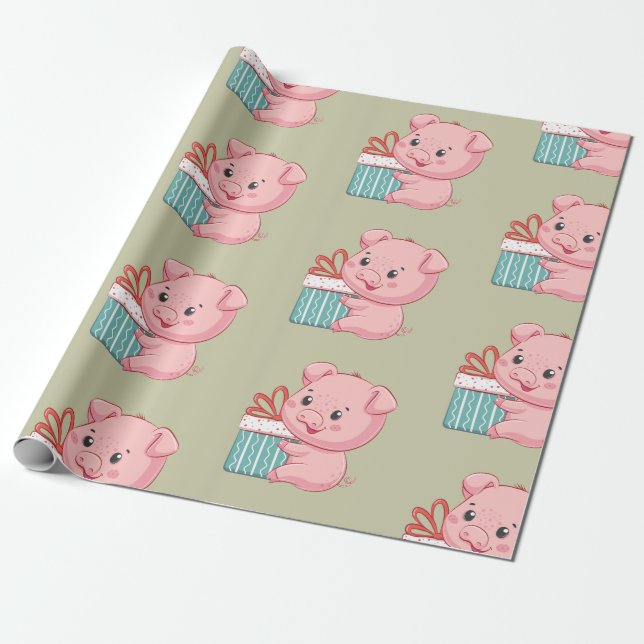 Cute Pink Piglet with Gift Box Wrapping Paper (Unrolled)