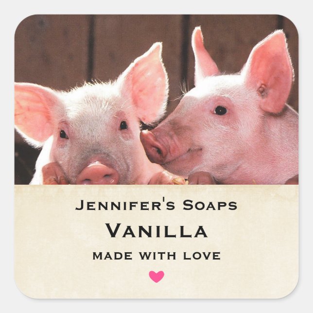 Cute Pink Piglets Animal Photograph Soap Business Square Sticker (Front)