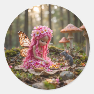 Cute Pink Pixie and Mouse Picnic Classic Round Sticker