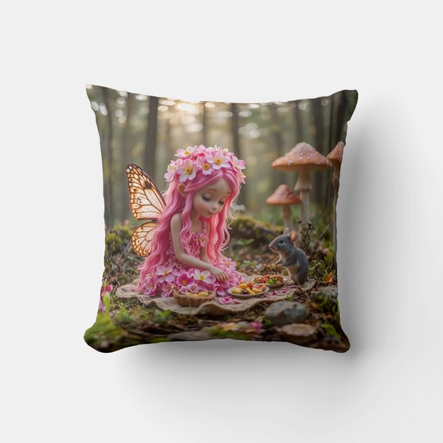 Cute Pink Pixie and Mouse Picnic Cushion (Front)