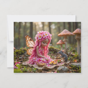 Cute Pink Pixie and Mouse Picnic Postcard