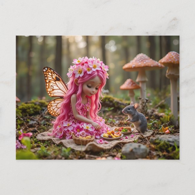 Cute Pink Pixie and Mouse Picnic Postcard (Front)