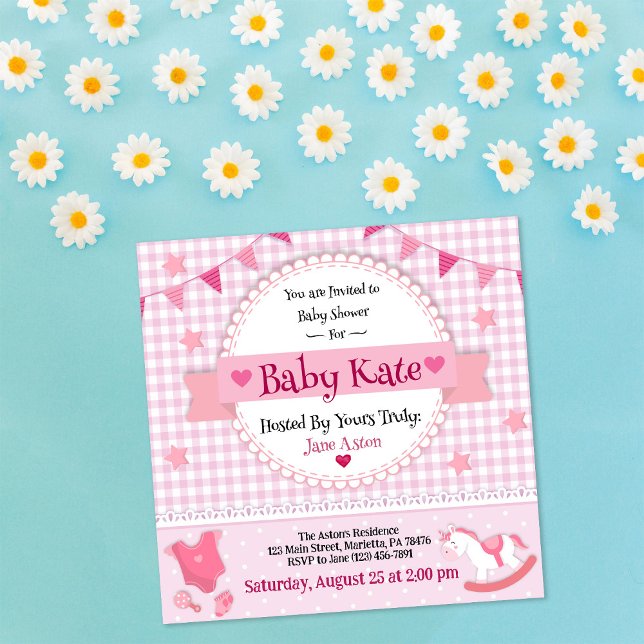 Cute Pink Plaid  Baby Girl Shower Party Invitation (Creator Uploaded)