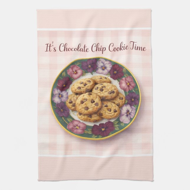 Cute Pink Plaid Baking Cookie Time  Tea Towel (Vertical)