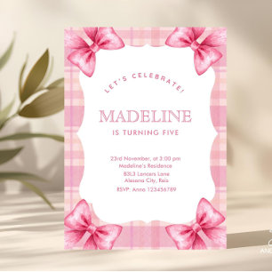 Cute Pink Plaid & Bow Coquette Girl Birthday  Invitation