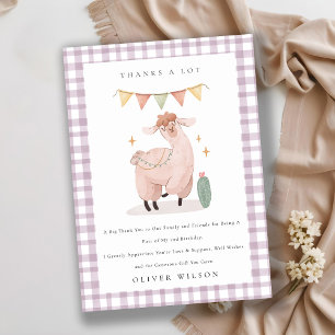 Cute Pink Plaid Cactus Boho Llama Any Age Birthday Thank You Card
