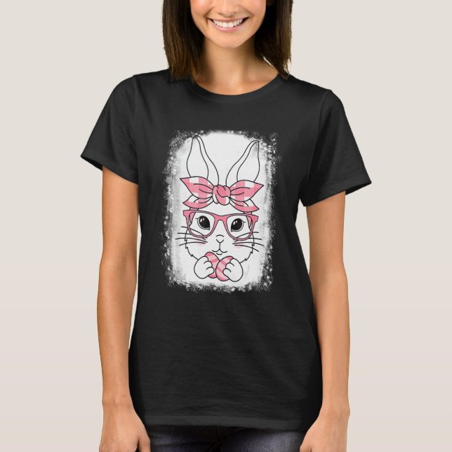 Cute Pink Plaid Pattern Easter Bunny Face Rabbit E T-Shirt (Front)