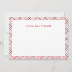 Cute Pink Plaid Personalised Name Flat Note Card