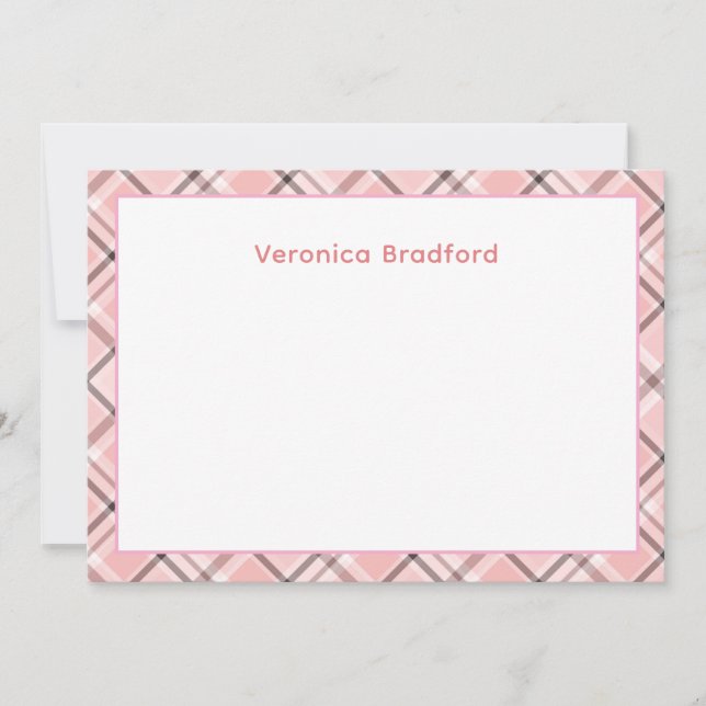 Cute Pink Plaid Personalised Name Flat Note Card (Front)