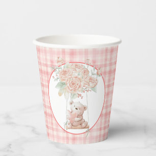 Cute Pink Plaid Teddy Bear Paper Cups