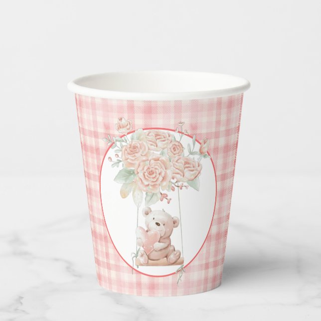 Cute Pink Plaid Teddy Bear  Paper Cups (Front)