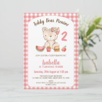 Cute Pink Plaid Teddy Bear Picnic Birthday