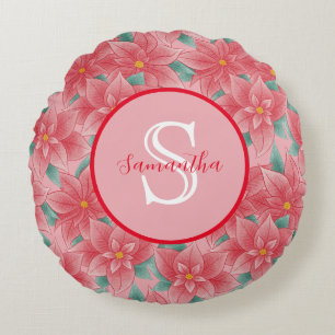 Cute Pink Poinsettia Personalised Monogram Round Cushion