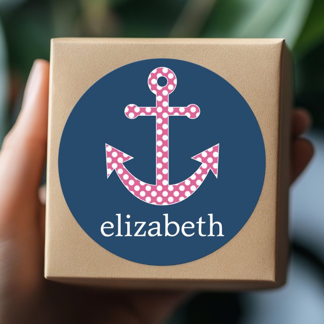 Cute Pink Polka Dot Anchor with Navy Custom Name Classic Round Sticker (Personalized Sticker)