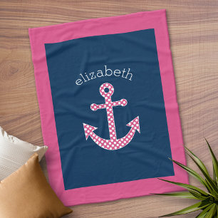 Cute Pink Polka Dot Anchor with Navy Custom Name Fleece Blanket