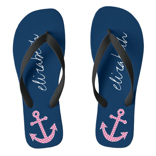 Cute Pink Polka Dot Anchor with Navy Custom Name Jandals (Footbed)