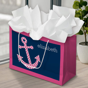 Cute Pink Polka Dot Anchor with Navy Custom Name Large Gift Bag