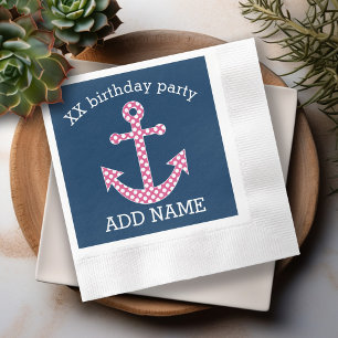 Cute Pink Polka Dot Anchor with Navy Custom Name Napkin