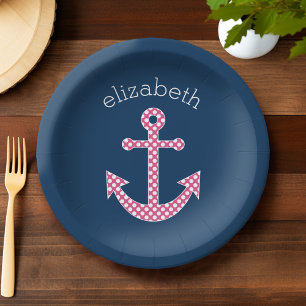 Cute Pink Polka Dot Anchor with Navy Custom Name Paper Plate
