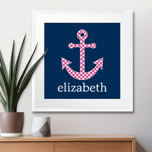 Cute Pink Polka Dot Anchor with Navy Custom Name Poster