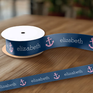 Cute Pink Polka Dot Anchor with Navy Custom Name Satin Ribbon