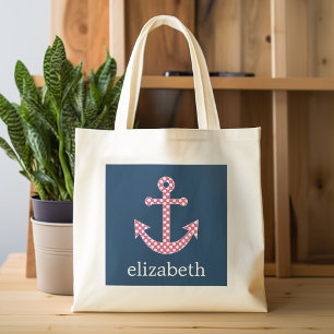 Cute Pink Polka Dot Anchor with Navy Custom Name Tote Bag