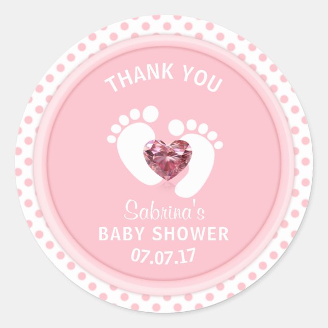 Cute Pink Polka Dot Baby Shower/Sprinkle Girl Classic Round Sticker (Front)
