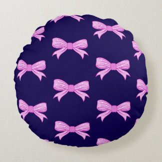 Cute Pink Polka Dot Bow Illustration Kawaii Girly Round Cushion