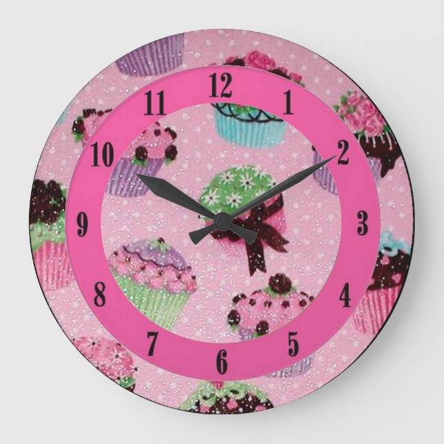 Cute Pink Polka Dot Cupcake Wall Clock. Large Clock (Front)