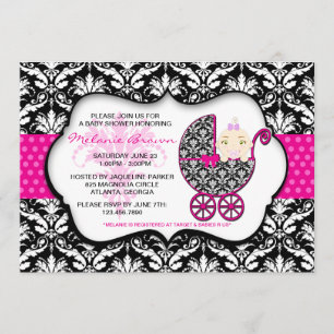 Cute Pink Polka Dot Damask Baby Shower Invite