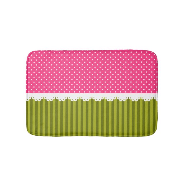 Cute Pink Polka Dot Green Stripes Pattern Bath Mat (Front)