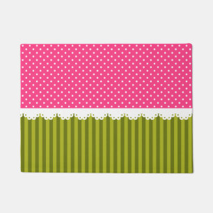 Cute Pink Polka Dot Green Stripes Pattern Doormat