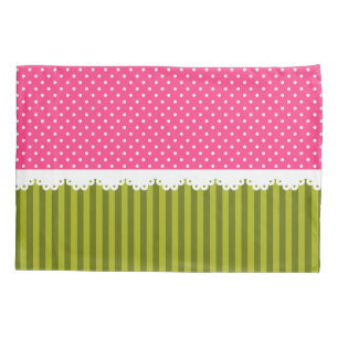 Cute Pink Polka Dot Green Stripes Pattern Pillowcase